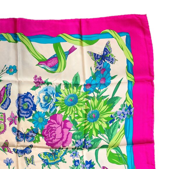 MCM -ONLY ONE- Hot Pink & Blue Floral Butterfly Print 34" 100% Silk Scarf VGUC - Picture 6 of 11